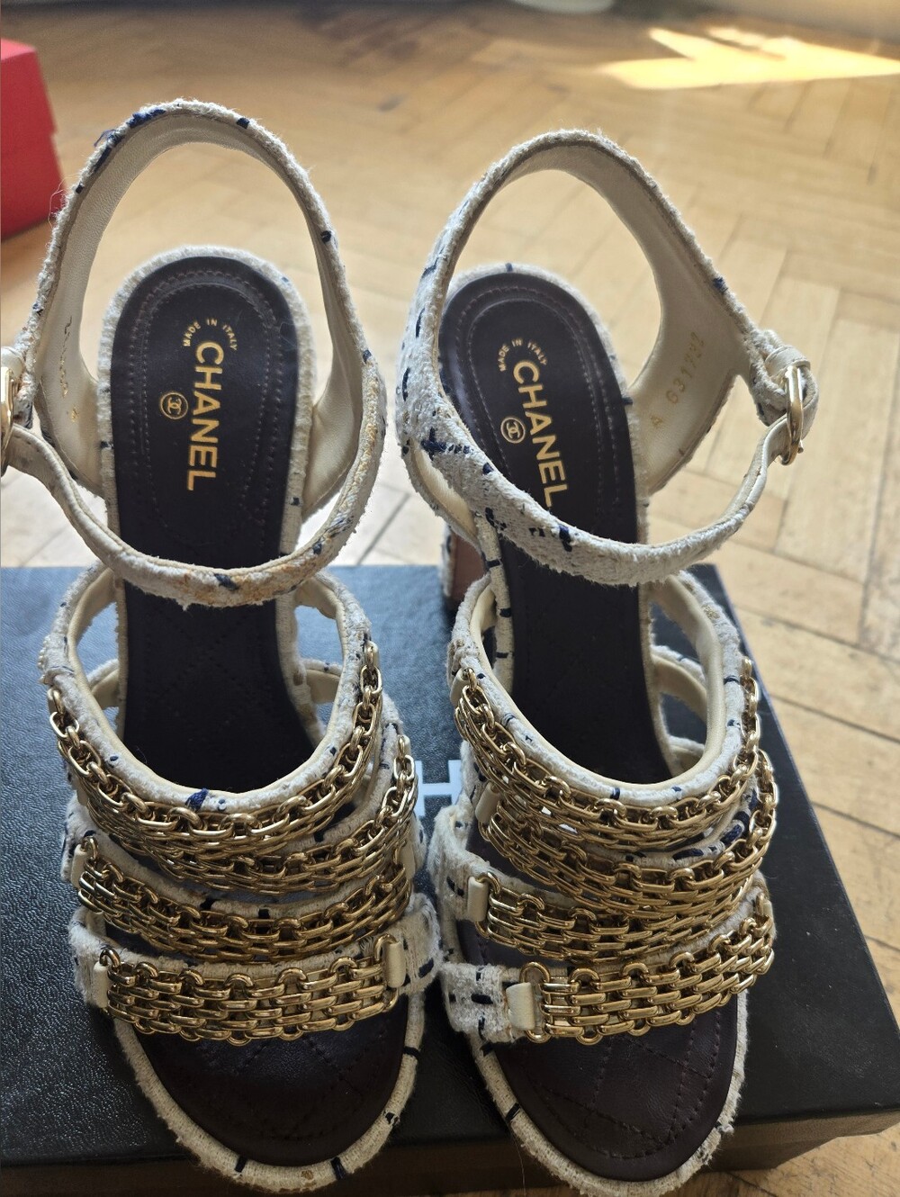 CHANEL Cream blue Tweed Sandals with Gold Chain Straps and Logo 38
